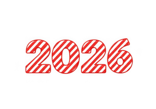 Red and white striped numbers 2026, isolated on transparent background