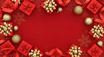 Red and gold Christmas decorations arranged in a festive border on a red background