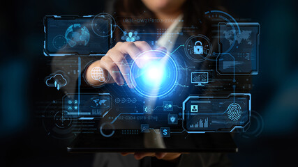 A futuristic command center interface for managing a global technology platform. The dashboard includes data security, network administration, and biometric user authentication. Fermion