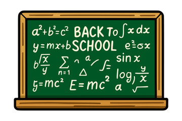 A cartoon style illustration of a green chalkboard with various math formulas and the words "Back to School" written on it in white chalk. The chalkboard has a brown wooden frame.	