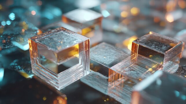 A crystalline honeycomb structure formed by translucent hexagonal prisms Lighting enhances reflective surfaces casting precise shadows across geometric