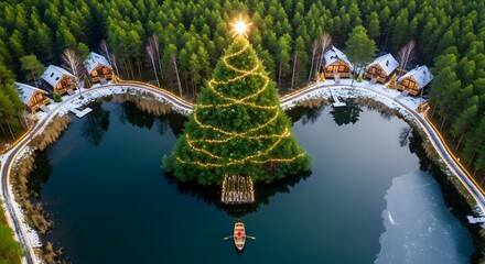 Aerial view of a large Christmas tree illuminated on an island in a lake surrounded by forest and cabins