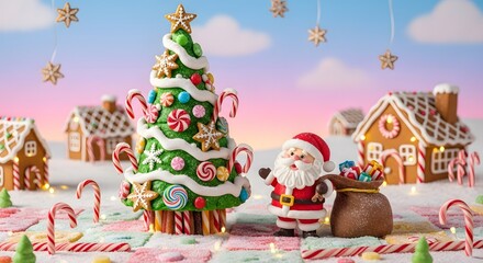 Fototapeta premium Festive Christmas scene with gingerbread houses, candy cane tree, and Santa Claus figure