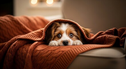 Cute puppy wrapped in warm blanket, cozy indoor setting, soft lighting, adorable expression, sweet comforting illustration for children and pet lovers.