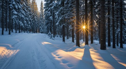 Sunlight streams through snowcovered trees onto a snowy path in a winter forest