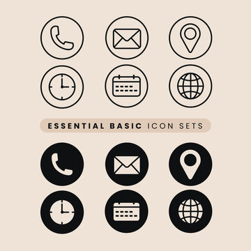 essentials icon sets vector, phone, mail, adress, time, calendar, website