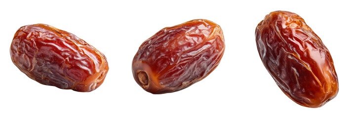 Three dried dates with wrinkled skin and rich brown color isolated on a transparent background fruit