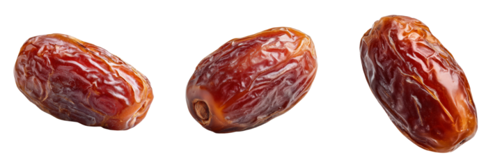 Three dried dates with wrinkled skin and rich brown color isolated on a transparent background fruit