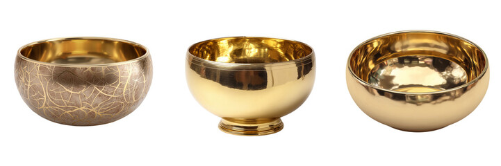 Three decorative golden bowls with intricate patterns and smooth finishes isolated on a transparent background