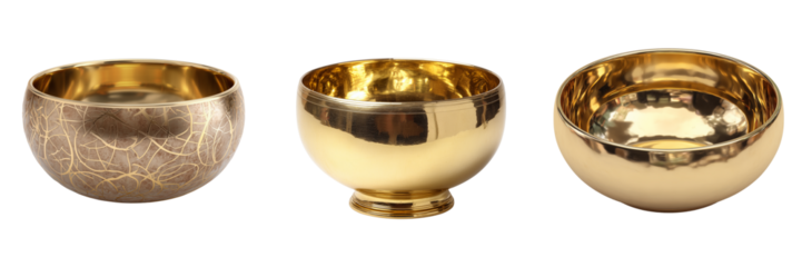Three decorative golden bowls with intricate patterns and smooth finishes isolated on a transparent background