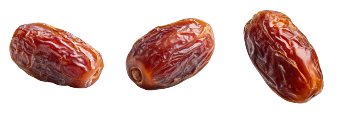 Three dried dates with wrinkled skin and rich brown color isolated on a transparent background fruit