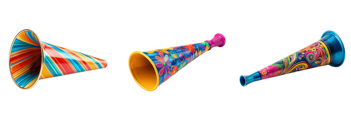 Three colorful party horns with striped floral and paisley patterns isolated on a transparent background