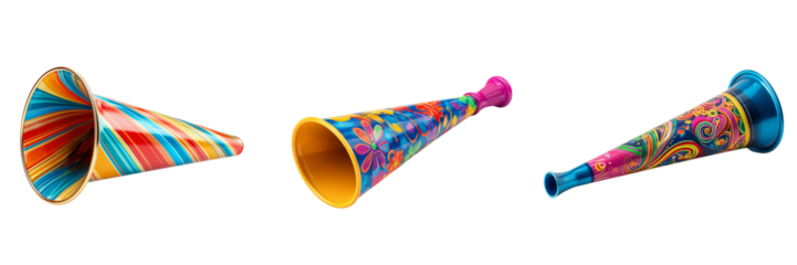 Three colorful party horns with striped floral and paisley patterns isolated on a transparent background