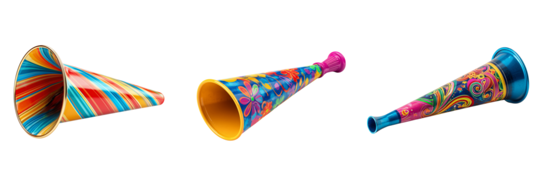 Three colorful party horns with striped floral and paisley patterns isolated on a transparent background