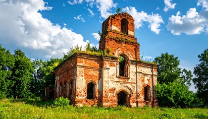 Ruined brick church in field beneath blue sky dusk