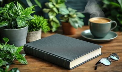 A cozy scene of reading with coffee and greenery on a wooden table