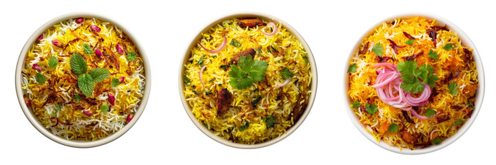 Three bowls of yellow rice dish with garnishes of mint and onion isolated on a transparent background