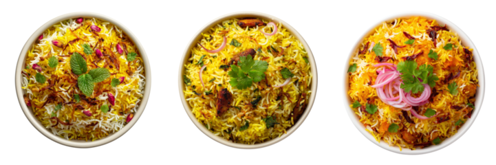 Three bowls of yellow rice dish with garnishes of mint and onion isolated on a transparent background
