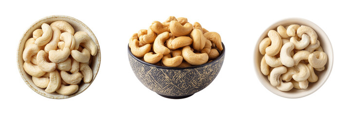 Three bowls of cashew nuts light and dark roasted varieties shown isolated on a transparent background