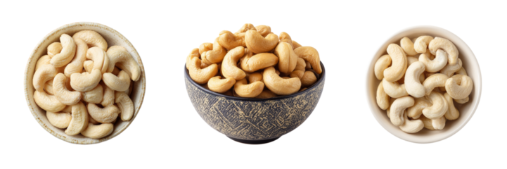Three bowls of cashew nuts light and dark roasted varieties shown isolated on a transparent background