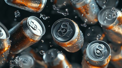 Beer cans in continuous loop falling into recycling bin, freeze-frame 4K photography, suspended water droplets, metallic shine, perfect lighting highlighting aluminum texture, environmental message