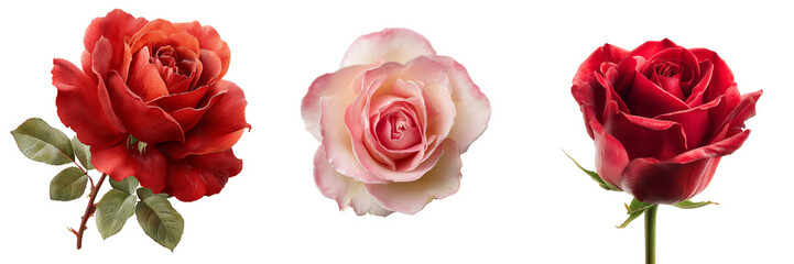 Three blooming roses in red and pink hues with green leaves isolated on a transparent background flower