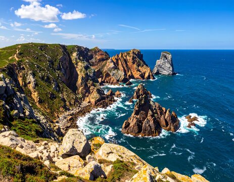 Rugged coastline against a blue sky - Powered by Adobe