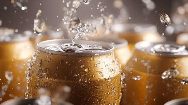 Beer cans in continuous loop falling into recycling bin, freeze-frame 4K photography, suspended water droplets, metallic shine, perfect lighting highlighting aluminum texture, environmental message
