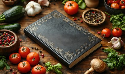 Vintage cookbook on wooden surface surrounded by fresh ingredients and spices