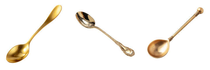 Three antique metal spoons with ornate handles and polished bowls isolated on a transparent background