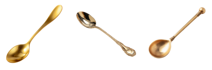 Three antique metal spoons with ornate handles and polished bowls isolated on a transparent background