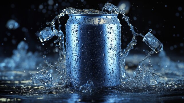 A cinematic shot of an aluminum can, illuminated by cold blue light, as water splashes and ice cubes bounce off its surface in a perfectly frozen motion.