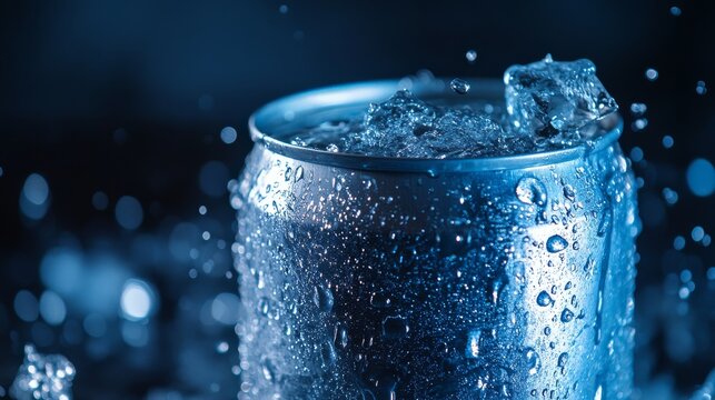 A cinematic shot of an aluminum can, illuminated by cold blue light, as water splashes and ice cubes bounce off its surface in a perfectly frozen motion.