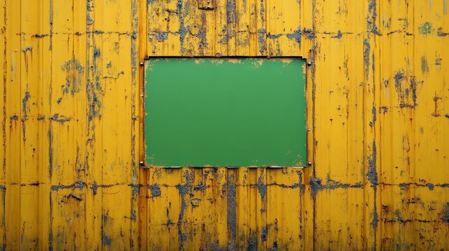 A cinematic close-up shot of a yellow cargo container-s side panel, showcasing the detailed textures of metal and rust, with a sharp-edged green screen placeholder standing out for branding or