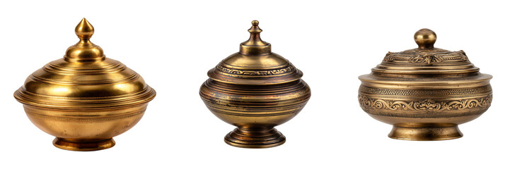 Three antique brass decorative bowls with lids and ornate detailing isolated on a transparent background