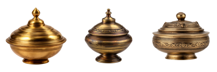 Three antique brass decorative bowls with lids and ornate detailing isolated on a transparent background