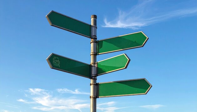Directional Signpost with Four Blank Green Signs Pointing Multiple Directions Under a Bright Blue Sky With Wispy White Clouds in Outdoor Setting