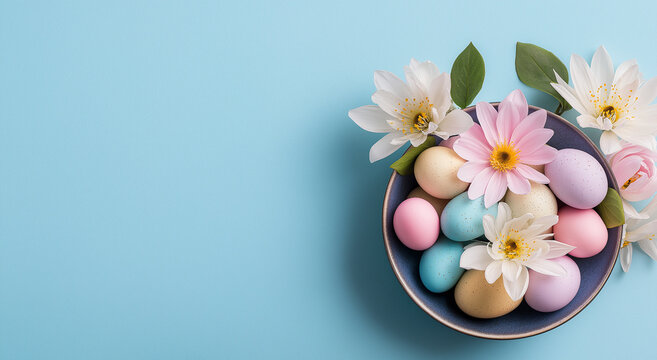 easter background with white-colored eggs in a bowl and flowers on a light blue background, - Powered by Adobe