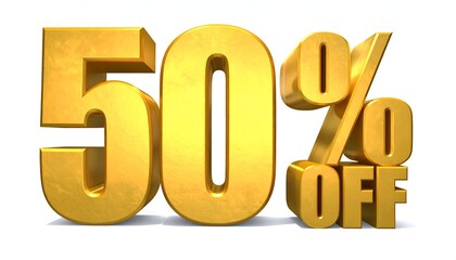 3D rendered golden numerals, "50% OFF", isolated on white, advertising a sale