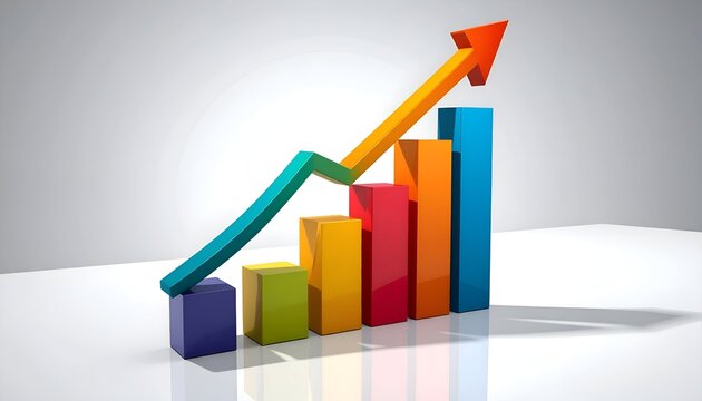 3D bar chart with colorful blocks and an upward-pointing arrow on a light background