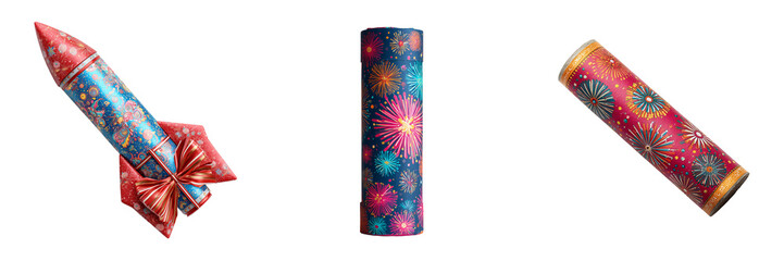 Festive rocket shaped firework and cylindrical confetti poppers with colorful explosions isolated on a transparent background