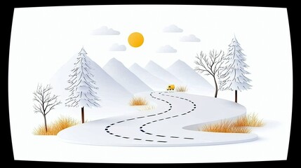 A yellow car travels along a snow-covered, winding road in a serene winter landscape, surrounded by snow-capped mountains and bare trees.