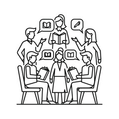 Collaborative study group icon featuring diverse individuals engaging in discussion, reading books, and sharing knowledge