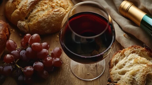 Pour yourself a glass of red wine to accompany fresh baked bread and juicy grapes for a simple yet delightful snack time.