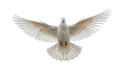 A majestic white dove captured mid-flight with its wings fully extended against a pristine white background.