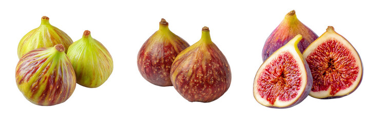 Assortment of ripe figs whole and halved showing vibrant red interiors isolated on a transparent background