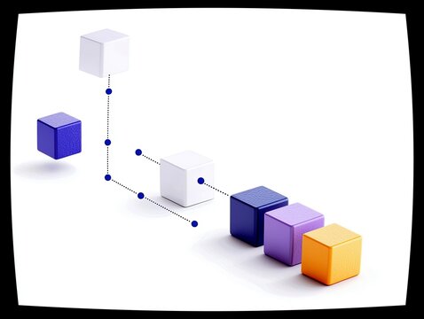A group of colorful cubes, including blue, white, purple, and orange, are arranged and connected by dotted lines and blue dots against a white background.