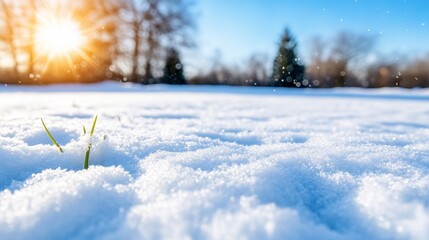 Obraz premium First Sprouts in Winter Sunlit Snowscape with Emerging Green Shoots.