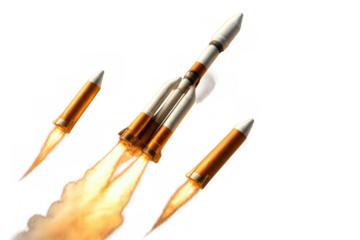 Rocket lifting off with its boosters detaching, illustrating space travel, exploration, and the power of aerospace engineering