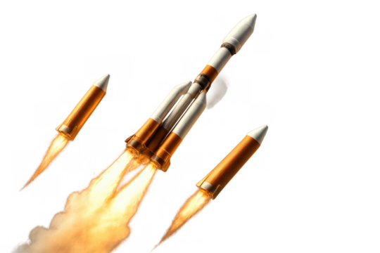 Rocket lifting off with its boosters detaching, illustrating space travel, exploration, and the power of aerospace engineering